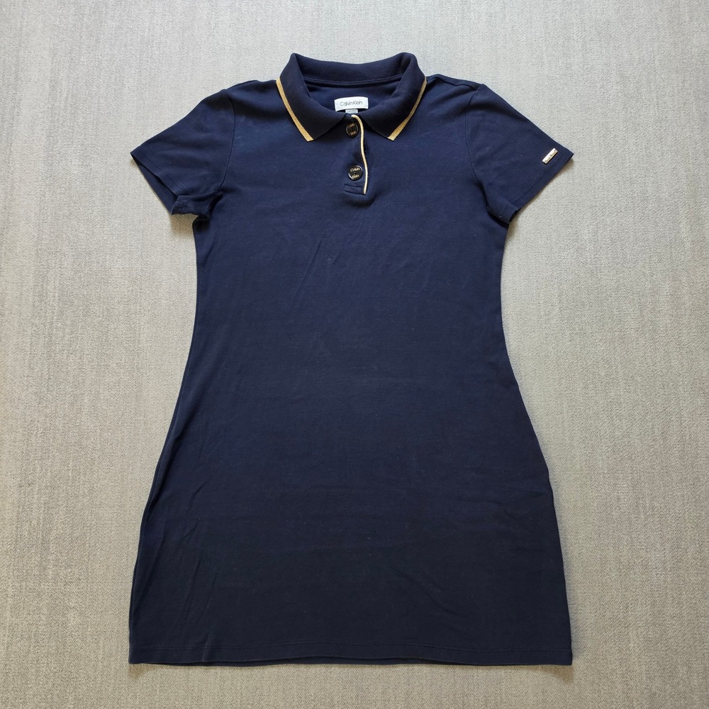 Calvin Klein Polo Dress Women Small Navy Blue Gold Trim Short Sleeve Cotton